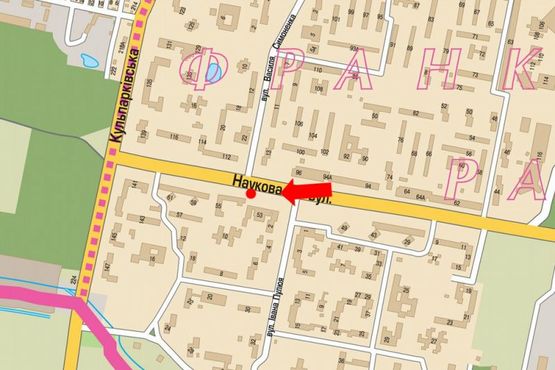 Схема рекламной плоскости по адресу Научная ул., 53, разделитель, возле супермаркета, в сторону Кульпарковской ул.