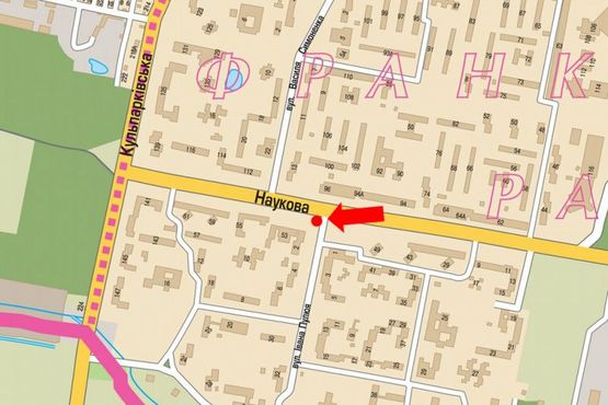 Схема рекламной плоскости по адресу Научная ул., 49, разделитель, возле ПУМБ, супермаркета, в сторону Кульпарковской ул.