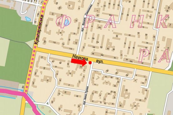 Схема рекламной плоскости по адресу Научная ул., 49, разделитель, возле ПУМБ, супермаркета, в сторону Стрыйской ул.