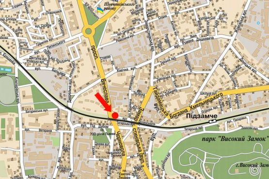 Схема рекламной плоскости по адресу Черновола пр. / Кулиша ул. / Под Дубом ул., перед ж/д мостом, на светофоре, в центр