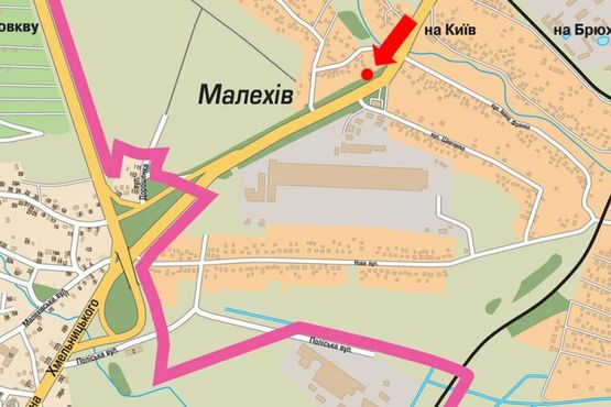 Схема рекламной плоскости по адресу Трасса Киев-Львов, с. Малехов, въезд в город