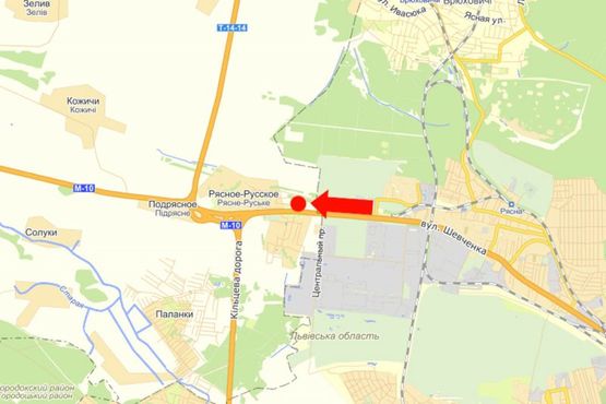 Схема рекламної площини за адресою Трасса Львов-Краковец, с. Подрясное, въезд в город