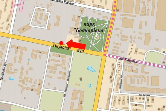 Схема рекламной плоскости по адресу Научная ул., 3, в сторону ул. Кульпарковской, разделитель