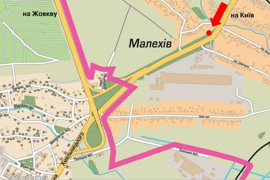 Схема рекламной плоскости по адресу Трасса Киев-Львов, с. Малехов, въезд в город