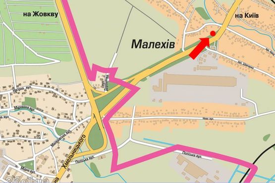 Схема рекламной плоскости по адресу Трасса Киев-Львов, с. Малехов, выезд из города