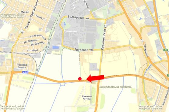 Схема рекламной плоскости по адресу Объездная трасса Киев - Ужгород, возле авторынка "Кинчеш"