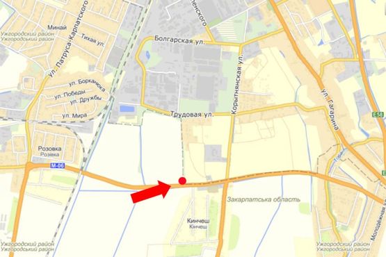 Схема рекламной плоскости по адресу Объездная трасса Ужгород - Киев, возле авторынка "Кинчеш"