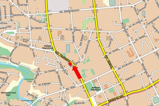 Схема рекламной плоскости по адресу Победы ул., 33 / ул. Ольжича, возле супермаркета "Вопак"