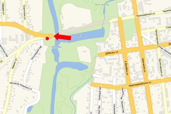 Схема рекламної площини за адресою Первомайская ул., возле моста, р. Инголец