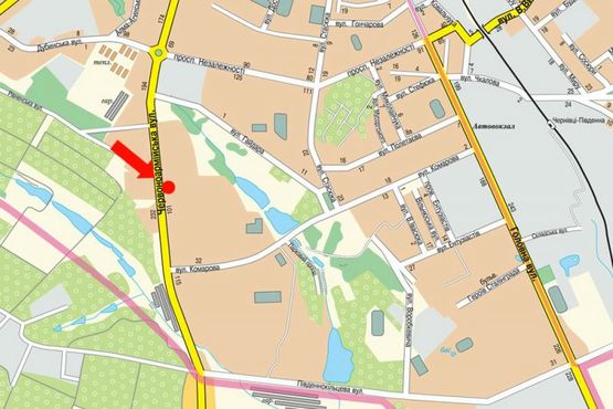 Схема рекламной плоскости по адресу Героев Майдана ул. (бывш. Красноармейская ул.), 83, возле лаборатории "Синево", из центра (флажок)