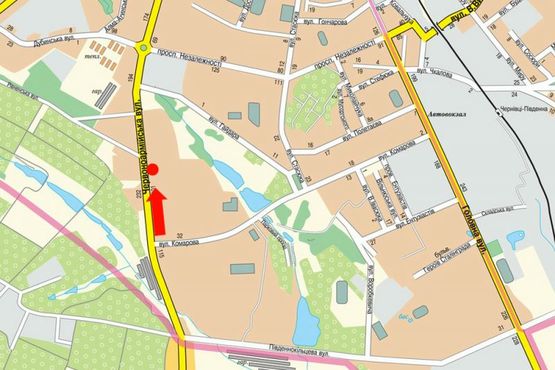 Схема рекламної площини за адресою Героев Майдана ул. (бывш. Красноармейская ул.), 83, возле лаборатории "Синево", в центр (флажок)