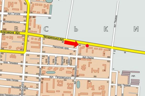 Схема рекламной плоскости по адресу Чигиринская ул., 42 / Подолинского ул., из центра