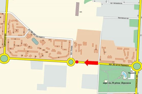 Схема рекламної площини за адресою 30-летия Победы ул. / Телиги ул. (бывш. Конева ул.), в сторону супермаркета "Эпицентр", разделитель