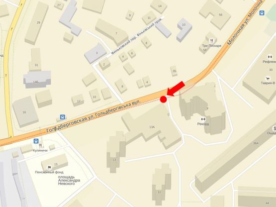 Схема рекламної площини за адресою Гольдберговская ул. (бывш. ул. 1й конной армии), 13А, супермаркет "Таврия В", в сторону Грековской ул.