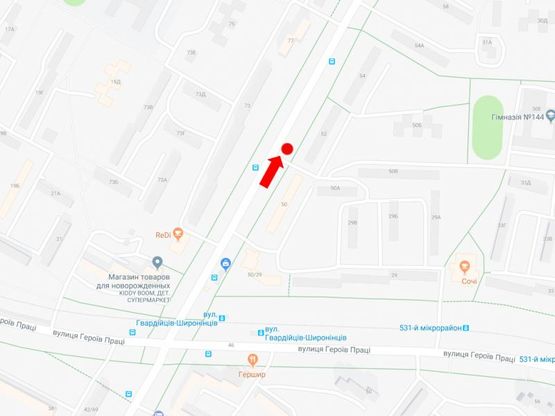 Схема рекламної площини за адресою Гвардейцев Широнинцев, 52,  в сторону ул. Бучмы