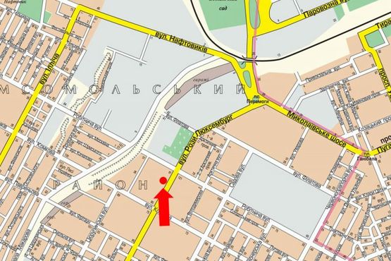 Схема рекламної площини за адресою Стритенская ул. (бывш. Люксембург ул.), 15, возле супермаркета "Оскар", гусь, над дорогой