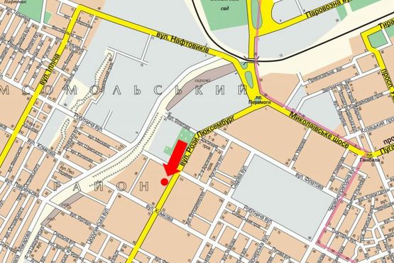 Схема рекламной плоскости по адресу Стритенская ул. (бывш. Люксембург ул.), 15, возле супермаркета "Оскар", гусь, над дорогой