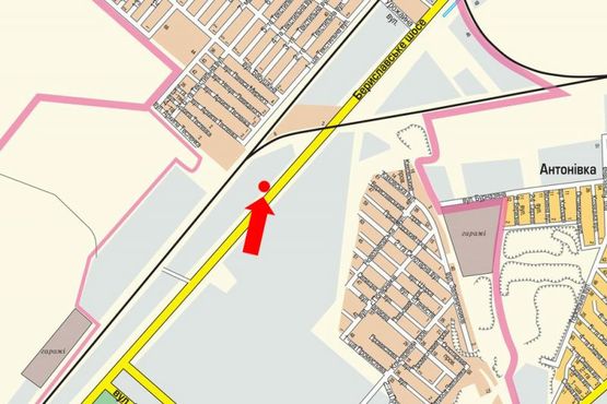 Схема рекламной плоскости по адресу Бериславское шоссе, возле ГЗС, из центра