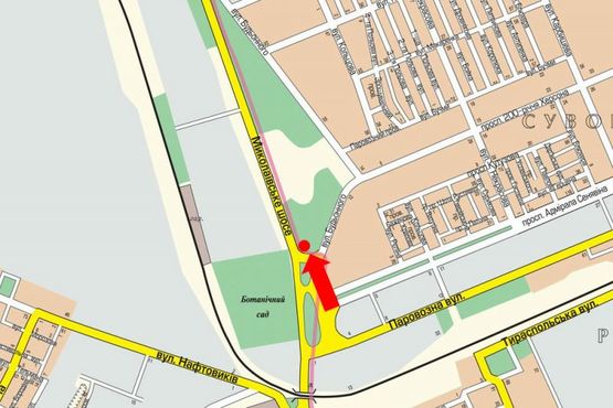 Схема рекламной плоскости по адресу Николаевское шоссе / Кедровского ул. (бывш. Буденного ул.), автовокзал, гусь, над дорогой, из центра