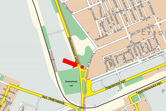 Схема рекламной плоскости по адресу Николаевское шоссе / Кедровского ул. (бывш. Буденного ул.), автовокзал, гусь, над дорогой, в центр