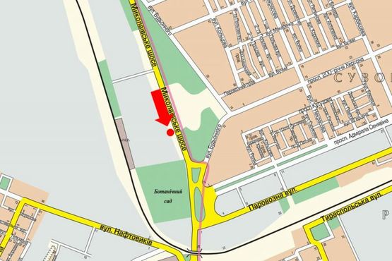 Схема рекламной плоскости по адресу Николаевское шоссе, возле автосалона "Лада", гусь, над дорогой, в центр