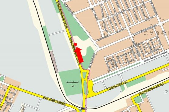 Схема рекламної площини за адресою Николаевское шоссе, возле АЗС "УкрНафта", гусь, над дорогой, из центра