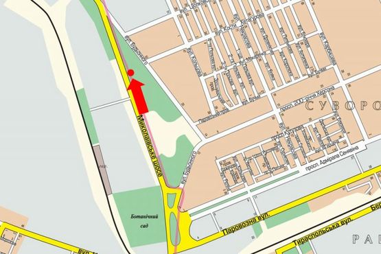 Схема рекламной плоскости по адресу Николаевское шоссе, возле газовой заправки, гусь, над дорогой, из центра