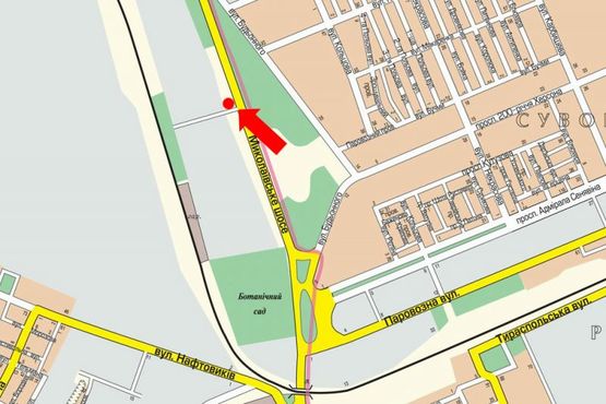 Схема рекламной плоскости по адресу Николаевское шоссе, поворот на "Оригинал-Авто", гусь, над дорогой, из центра