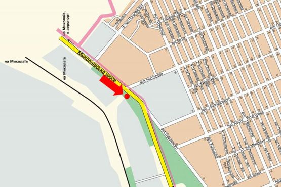 Схема рекламной плоскости по адресу Николаевское шоссе, возле Механического завода, гусь, над дорогой, в центр