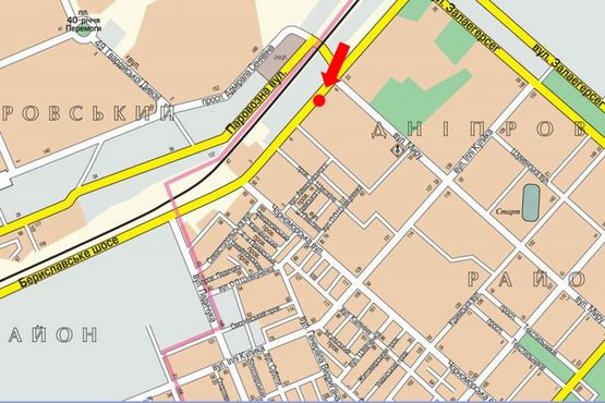 Схема рекламной плоскости по адресу Бериславское шоссе – Мира ул., напротив автосалона "Рено", гусь, над дорогой