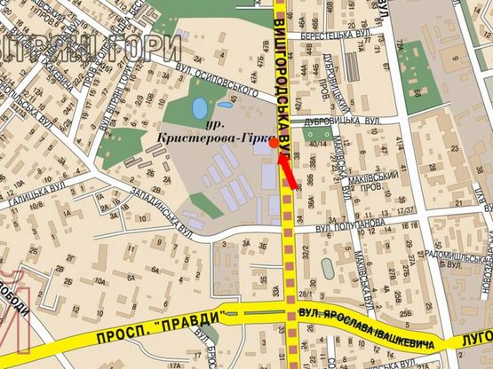 Схема рекламної площини за адресою Вышгородская ул., 45, возле ЖК "Паркове місто", в сторону Шевченка пл.