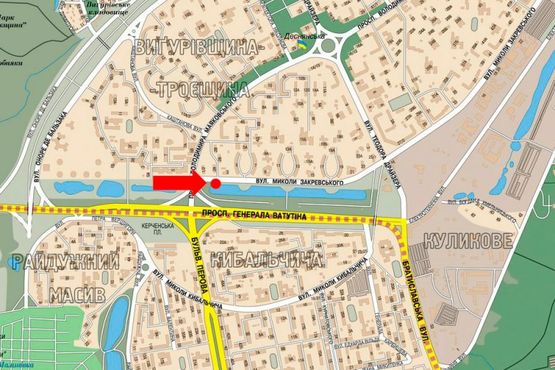 Схема рекламної площини за адресою Закревского ул., 2А, в сторону Драйзера ул.