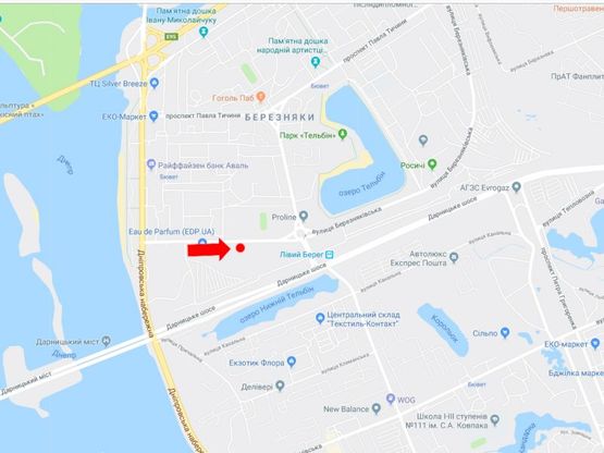 Схема рекламної площини за адресою Березняковская ул., 25, перед заездом на мост Дарницкий, в сторону Харьковского массива