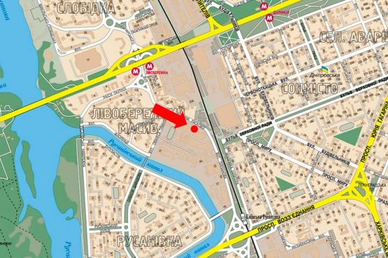 Схема рекламной плоскости по адресу Сверстюка ул. (бывш. Расковой ул.), 25, напротив, в сторону Соборности пр. (бывш. Воссоединения пр.)