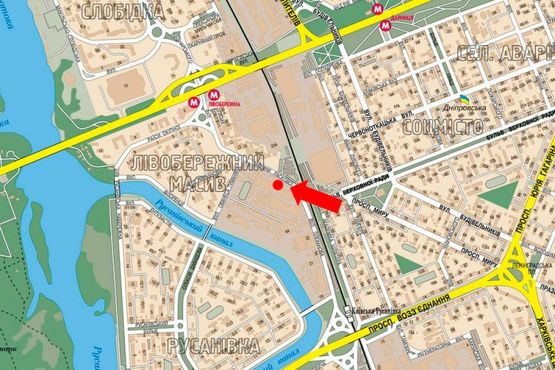 Схема рекламной плоскости по адресу Сверстюка ул. (бывш. Расковой ул.), 25, напротив, в сторону ст. м. "Левобережная"