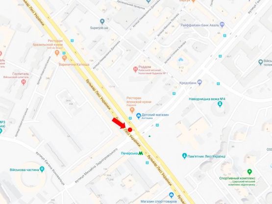 Схема рекламної площини за адресою Украинки бул., 24 / Алмазова ул. (бывш. Кутузова ул.), на светофоре, к ст. м. "Печерская"