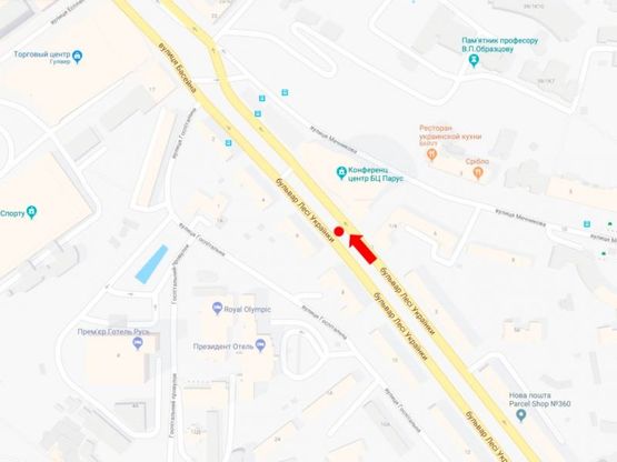 Схема рекламной плоскости по адресу Украинки бул.,  1, БЦ "Парус", в сторону ул. Крещатик