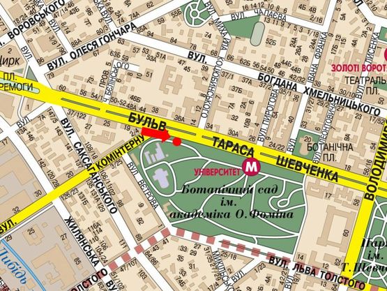 Схема рекламної площини за адресою Шевченко бул., 36, возле Ботанического сада, в сторону Крещатик ул.