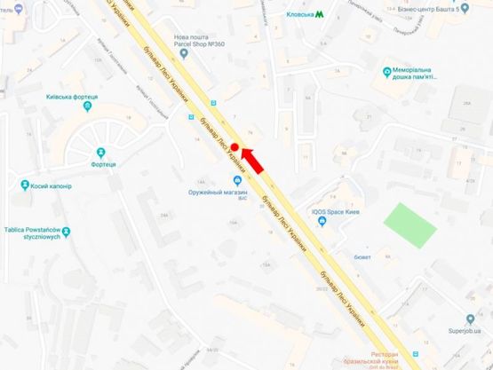 Схема рекламной плоскости по адресу Украинки бул., 7а, на светофоре, в сторону ул. Крещатик