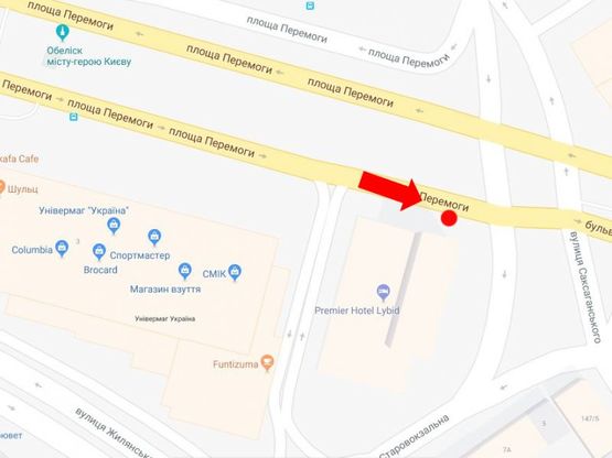 Схема рекламной плоскости по адресу Победы пл., 1, на светофоре, возле гостиницы "Лыбидь", в сторону бул. Шевченко