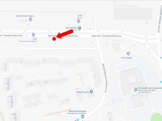 Схема рекламной плоскости по адресу Ватутина пр., 26, напротив АЗС БРСМ, в сторону ст.м. "Почайна", центра