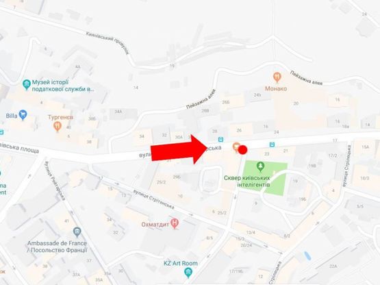 Схема рекламної площини за адресою Б. Житомирская ул. / Гончара ул., на светофоре, в сторону ул. Крещатик