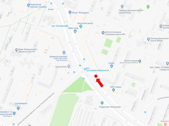 Схема рекламной плоскости по адресу Симиренко ул., 5 - ул. Григоровича Барского, в сторону рынка "Днипро", пр. Курбаса