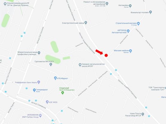 Схема рекламної площини за адресою Королева пр. - ул. Пшеничная, в сторону супермаркета "Сильпо"