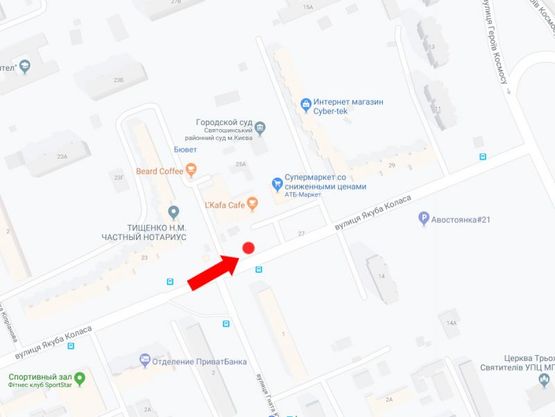 Схема рекламной плоскости по адресу Коласа ул., 25 - ул. Юры, на светофоре, возле "АТБ", в сторону ул. Героев Космоса, супермаркета "Фуршет"