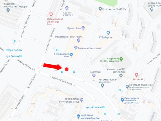 Схема рекламної площини за адресою Симиренко ул., 17 - ул.Семьи Сосниных, возле супермаркета "Ашан", сторону супермаркета "Сильпо"