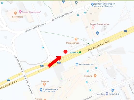 Схема рекламной плоскости по адресу Броварской пр., 27, возле McDonalds's, ст. м. "Дарница", из центра