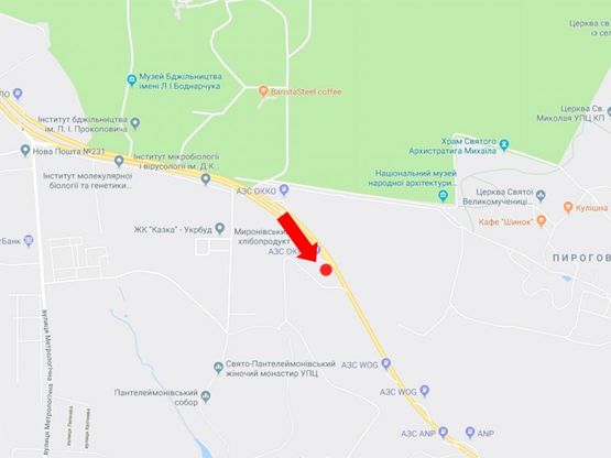 Схема рекламної площини за адресою Заболотного ул., 100 м. от АЗС "Окко" и офиса "Мироновский хлебопродукт", в сторону Столичного шоссе