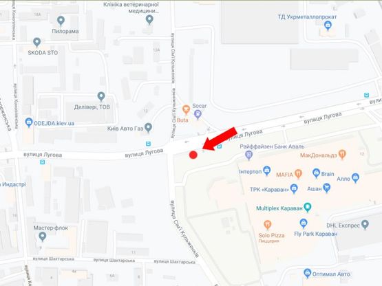 Схема рекламної площини за адресою Луговая ул. -  Семьи Кульженков ул. (бывш. Дегтяренка ул.), возле ТРЦ "Караван", на светофоре, в сторону ул. Автозаводская, ул. Вышгородская