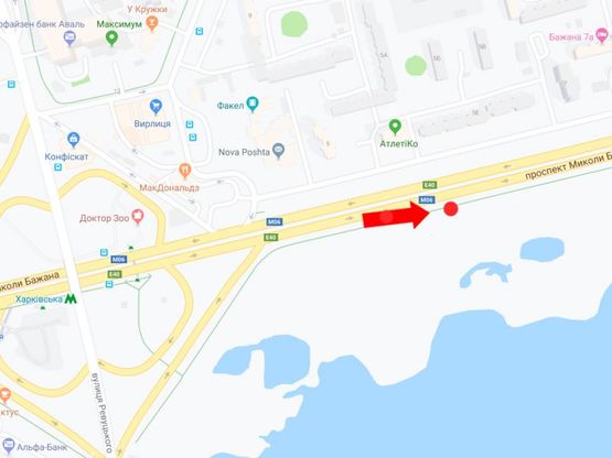 Схема рекламної площини за адресою Бажана пр., 5 В, напротив, в сторону пл. Харьковской